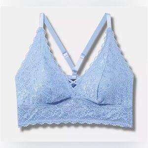 #x079 - Torrid Lightly Lined Lace XO Front Bralette Lounging Bra Serenity Blue